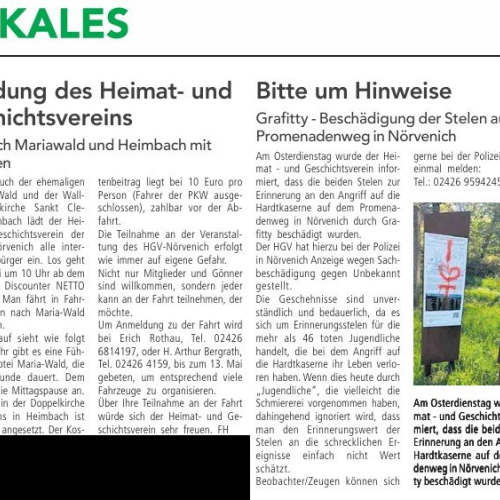Einladung des Heimat- und Geschichtsvereins zur Fahrt zur Abtei Mariawald und Heimbach sowie Grafitty Beschädigung an den Stelen auf dem Promenadenweg in Nörvenich